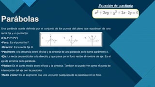 Haga clic para modificar el estilo de título del patrón
7
Una parábola queda definida por el conjunto de los puntos del plano que equidistan de una
recta fija y un punto fijo:
d( D,P) = (P,F)
•Foco: Es el punto fijo F.
•Directriz: Es la recta fija D.
•Parámetro: A la distancia entre el foco y la directriz de una parábola se le llama parámetro p.
•Eje: La recta perpendicular a la directriz y que pasa por el foco recibe el nombre de eje. Es el
eje de simetría de la parábola.
•Vértice: Es el punto medio entre el foco y la directriz. También se puede ver como el punto de
intersección del eje con la parábola.
•Radio vector: Es el segmento que une un punto cualquiera de la parábola con el foco.
Ecuación de parábola
 