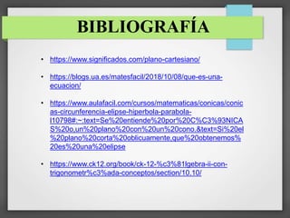 BIBLIOGRAFÍA
• https://www.significados.com/plano-cartesiano/
• https://blogs.ua.es/matesfacil/2018/10/08/que-es-una-
ecuacion/
• https://www.aulafacil.com/cursos/matematicas/conicas/conic
as-circunferencia-elipse-hiperbola-parabola-
l10798#:~:text=Se%20entiende%20por%20C%C3%93NICA
S%20o,un%20plano%20con%20un%20cono.&text=Si%20el
%20plano%20corta%20oblicuamente,que%20obtenemos%
20es%20una%20elipse
• https://www.ck12.org/book/ck-12-%c3%81lgebra-ii-con-
trigonometr%c3%ada-conceptos/section/10.10/
 