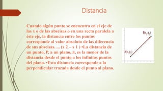 Distancia
Cuando algún punto se encuentra en el eje de
las x o de las abscisas o en una recta paralela a
éste eje, la distancia entre los puntos
corresponde al valor absoluto de las diferencia
de sus abscisas. ... (x 2 – x 1 ) •La distancia de
un punto, P, a un plano, π, es la menor de la
distancia desde el punto a los infinitos puntos
del plano. •Esta distancia corresponde a la
perpendicular trazada desde el punto al plano.
 