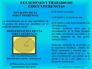 ECUACIONES Y TRAZADO DE
CIRCUNFERENCIAS
ECUACIÓN DE LA
CIRCUNFERENCIA
La circunferencia es el lugar geométrico de
los puntos del plano que equidistan de un
punto fijo llamado centro.
DETERMINACIÓN DE UNA
CIRCUNFERENCIA
Una circunferencia queda
determinada cuando conocemos:
a) Tres puntos de la misma,
equidistantes del centro.
b) El centro y el radio.
c) El centro y un punto en ella.
d) El centro y una recta tangente a la
circunferencia.
También podemos decir que la
circunferencia es la línea formada
por todos los puntos que están a la
misma distancia de otro punto,
llamado centro .
Entonces, entrando en el terreno de
la Geometría Analítica , (dentro del
Plano Cartesiano ) diremos que —
para cualquier punto, P (x, y) , de
una circunferencia cuyo centro es el
punto C (a, b) y con radio r ─, la
ecuación ordinaria es
(x ─ a) 2 + (y ─ b) 2 = r 2
 