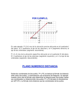 POR EJEMPLO,
En este ejemplo, P (3,4) nos da la ubicación precisa del punto en el cuadrante I
del plano. El 3 pertenece al eje de las abscisas y el 4 (segmento derecho) al
eje de las ordenadas (segmento ascendente).
P (-3,-4) nos da la ubicación específica del punto en el cuadrante III del plano.
El -3 pertenece al eje de las abscisas (segmento izquierdo) y el -4 al eje de las
ordenadas (segmento descendente).
PLANO NUMERICO DISTANCIA
Dadas las coordenadas de dos puntos, P1 y P2, se deduce la fórmula de distancia
entre estos dos puntos. La demostración usa el teorema de Pitágoras. Un ejemplo
muestra cómo usar la fórmula para determinar la distancia entre dos puntos dadas
sus coordenadas La distancia entre dos puntos P1 y P2 del plano la denotaremos
por d(P1,P2 ). La fórmula de la distancia usa las coordenadas de los puntos.
 