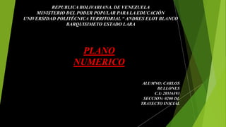 REPUBLICA BOLIVARIANA. DE VENEZUELA
MINISTERIO DEL PODER POPULAR PARA LA EDUCACIÓN
UNIVERSIDAD POLITÉCNICA TERRITORIAL “ ANDRES ELOY BLANCO
BARQUISIMETO ESTADO LARA
PLANO
NUMERICO
ALUMNO: CARLOS
BULLONES
C.I: 28516393
SECCION: 0200 DL
TRAYECTO INICIAL
 