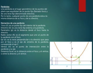 Parabolas:
una parábola es el lugar geométrico de los puntos del
plano que equidistan de un punto fijo (llamado foco) y
de...
