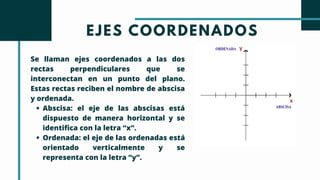 EJES COORDENADOS
Abscisa: el eje de las abscisas está
dispuesto de manera horizontal y se
identifica con la letra “x”.
Ord...