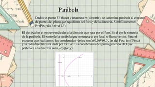 Dados un punto FF (foco) y una recta rr (directriz), se denomina parábola al conjunto
de puntos del plano que equidistan d...