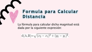 Formula para Calcular
Distancia
La fórmula para calcular dicha magnitud está
dada por la siguiente expresión:
 