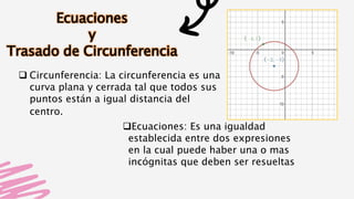 Ecuaciones
y
Trasado de Circunferencia
❑ Circunferencia: La circunferencia es una
curva plana y cerrada tal que todos sus
puntos están a igual distancia del
centro.
❑Ecuaciones: Es una igualdad
establecida entre dos expresiones
en la cual puede haber una o mas
incógnitas que deben ser resueltas
 