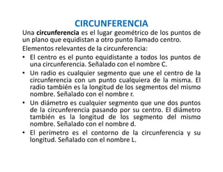 CIRCUNFERENCIA
Una circunferencia es el lugar geométrico de los puntos de
un plano que equidistan a otro punto llamado centro.
Elementos relevantes de la circunferencia:
• El centro es el punto equidistante a todos los puntos de
una circunferencia. Señalado con el nombre C.
• Un radio es cualquier segmento que une el centro de la
circunferencia con un punto cualquiera de la misma. El
radio también es la longitud de los segmentos del mismo
nombre. Señalado con el nombre r.
• Un diámetro es cualquier segmento que une dos puntos
de la circunferencia pasando por su centro. El diámetro
también es la longitud de los segmento del mismo
nombre. Señalado con el nombre d.
• El perímetro es el contorno de la circunferencia y su
longitud. Señalado con el nombre L.
 