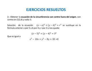 EJERCICIOS RESUELTOS
2.- Obtener la ecuación de la circunferencia con centro fuera del origen, con
centro en C(5,4) y radio 3.
Solución: de la ecuación ( − ) + − = se sustituye en la
fórmula anterior a por 5 y b por 4 y r por 3 y nos queda:
( − 5) + − 4 = 3
Que es igual a
− 10 + − 8 + 38 =0
 