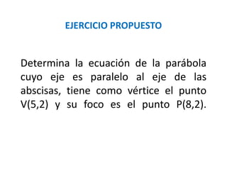 EJERCICIO PROPUESTO
Determina la ecuación de la parábola
cuyo eje es paralelo al eje de las
abscisas, tiene como vértice el punto
V(5,2) y su foco es el punto P(8,2).
 