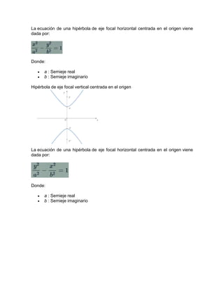 La ecuación de una hipérbola de eje focal horizontal centrada en el origen viene
dada por:
Donde:
 a : Semieje real
 b : Semieje imaginario
Hipérbola de eje focal vertical centrada en el origen
La ecuación de una hipérbola de eje focal horizontal centrada en el origen viene
dada por:
Donde:
 a : Semieje real
 b : Semieje imaginario
 
