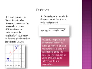 Distancia.
En matemáticas, la
distancia entre dos
puntos existen entre dos
puntos de un plano
bidimensional es
equivalente a la
longitud del segmento
de la recta por la cual se
encuentran unidos.
*Cuando los puntos se
encuentran ubicados
sobre el eje(y) o en una
recta paralela a éste eje,
la distancia entre los
puntos corresponden al
valor absoluto de la
diferencia de sus
ordenadas.
Su formula para calcular la
distancia entre los puntos
seria la siguiente:
 