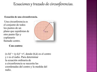 Ecuaciones y trazado de circunferencias.
Una circunferencia es
el conjunto de todos
los puntos de un
plano que equidistan de
otro punto fijo y
coplanario
llamado centro.
Ecuación de una circunferencia.
(x-h)² + (y-k)² =r², donde (h,k) es el centro
y r es el radio. Para determinar
la ecuación ordinaria de
a circunferencia se necesita las
coordenadas del centro y la medida del
radio.
Con centro:
 