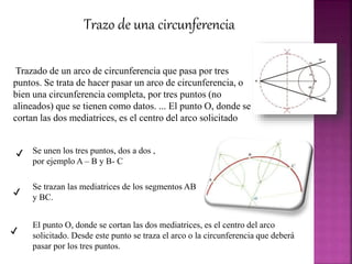 Trazo de una circunferencia
Trazado de un arco de circunferencia que pasa por tres
puntos. Se trata de hacer pasar un arco de circunferencia, o
bien una circunferencia completa, por tres puntos (no
alineados) que se tienen como datos. ... El punto O, donde se
cortan las dos mediatrices, es el centro del arco solicitado
✔ Se unen los tres puntos, dos a dos ,
por ejemplo A – B y B- C
✔
Se trazan las mediatrices de los segmentos AB
y BC.
El punto O, donde se cortan las dos mediatrices, es el centro del arco
solicitado. Desde este punto se traza el arco o la circunferencia que deberá
pasar por los tres puntos.
✔
 