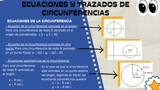 ECUACIONES Y TRAZADOS DE
CIRCUNFERENCIAS
- Ecuación de la circunferencia centrada en otro
punto: Para una circunferencia de radio R centrada
en un punto P(a,b): (x - a)2 + (y – b)2 = R2
En el caso de que la circunferencia
esté centrada en un punto distinto
del origen, digamos en P(a,b), las
ecuaciones paramétricas quedan:
- Ecuación de la circunferencia centrada en el origen:
Para una circunferencia de radio R centrada en el
origen de coordenadas: x 2 + y 2 = R2
ECUACIONES DE LA CIRCUNFERENCIA
- Ecuaciones paramétricas de la circunferencia:
Para una circunferencia
de radio R centrada en
el origen:
x = R cos j
y = R sen j x = a + R cos j
y = b + R sen j
 