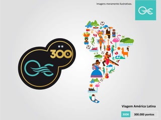 Imagens meramente ilustrativas.
Viagem América Latina
300K 300.000 pontos
 