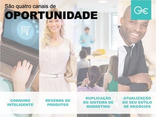 São quatro canais de
OPORTUNIDADE
CONSUMO
INTELIGENTE
REVENDA DE
PRODUTOS
DUPLICAÇÃO
DO SISTEMA DE
MARKETING
ATUALIZAÇÃO
DO SEU ESTILO
DE NEGÓCIOS
 