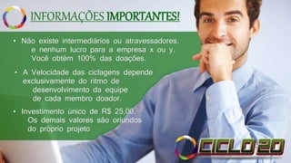 INFORMAÇÕES IMPORTANTES!
• Investimento único de R$ 25,00.
Os demais valores são oriundos
do próprio projeto
• A Velocidade das ciclagens depende
exclusivamente do ritmo de
desenvolvimento da equipe
de cada membro doador.
• Não existe intermediários ou atravessadores,
e nenhum lucro para a empresa x ou y.
Você obtém 100% das doações.
 