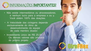INFORMAÇÕES IMPORTANTES! 
• Não existe intermediários ou atravessadores, 
e nenhum lucro para a empresa x ou y. 
Você obtém 100% das doações. 
• A Velocidade das ciclagens depende 
exclusivamente do ritmo de 
desenvolvimento da equipe 
de cada membro doador. 
• Investimento único de R$ 25,00. 
Os demais valores são oriundos 
do próprio projeto 
GiroFllex 
 