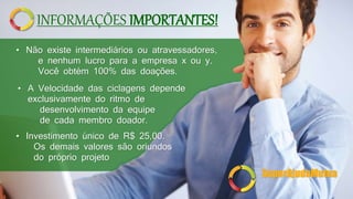 INFORMAÇÕES IMPORTANTES!
• Investimento único de R$ 25,00.
Os demais valores são oriundos
do próprio projeto
• A Velocidade das ciclagens depende
exclusivamente do ritmo de
desenvolvimento da equipe
de cada membro doador.
• Não existe intermediários ou atravessadores,
e nenhum lucro para a empresa x ou y.
Você obtém 100% das doações.
SuperAjudaMutua
 