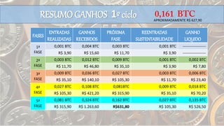 FASES
ENTRADAS
REALIZADAS
GANHOS
RECEBIDOS
PRÓXIMA
FASE
REENTRADAS
SUSTENTABILIDADE
GANHO
LIQUIDO
1ª
FASE
0,001 BTC 0,004 BTC 0,003 BTC 0,001 BTC ------------------
R$ 3,90 R$ 15,60 R$ 11,70 R$ 3,90 ------------------
2ª
FASE
0,003 BTC 0,012 BTC 0,009 BTC 0,001 BTC 0,002 BTC
R$ 11,70 R$ 46,80 R$ 35,10 R$ 3,90 R$ 7,80
3ª
FASE
0,009 BTC 0,036 BTC 0,027 BTC 0,003 BTC 0,006 BTC
R$ 35,10 R$ 140,10 R$ 105,30 R$ 11,70 R$ 23,40
4ª
FASE
0,027 BTC 0,108 BTC 0,081BTC 0,009 BTC 0,018 BTC
R$ 105,30 R$ 421,20 R$ 315,90 R$ 35,10 R$ 70,20
5ª
FASE
0,081 BTC 0,324 BTC 0,162 BTC 0,027 BTC 0,135 BTC
R$ 315,90 R$ 1.263,60 R$631,80 R$ 105,30 R$ 526,50
RESUMO GANHOS 1º ciclo APROXIMADAMENTE R$ 627,90
 