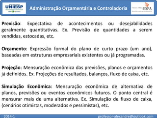 Administração Orçamentária e Controladoria
Previsão: Expectativa de acontecimentos ou desejabilidades
geralmente quantitativas. Ex. Previsão de quantidades a serem
vendidas, estocadas, etc.
Orçamento: Expressão formal do plano de curto prazo (um ano),
baseadas em estruturas empresariais existentes ou já programadas.
Projeção: Mensuração econômica das previsões, planos e orçamentos
já definidos. Ex. Projeções de resultados, balanços, fluxo de caixa, etc.

Simulação Econômica: Mensuração econômica de alternativa de
planos, previsões ou eventos econômicos futuros. O ponto central é
mensurar mais de uma alternativa. Ex. Simulação de fluxo de caixa,
(cenários otimistas, moderados e pessimistas), etc.
2014-1

professor-alexandre@outlook.com

 