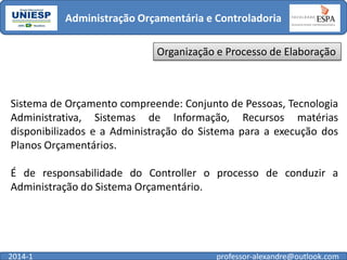 Administração Orçamentária e Controladoria
Organização e Processo de Elaboração

Sistema de Orçamento compreende: Conjunto de Pessoas, Tecnologia
Administrativa, Sistemas de Informação, Recursos matérias
disponibilizados e a Administração do Sistema para a execução dos
Planos Orçamentários.
É de responsabilidade do Controller o processo de conduzir a
Administração do Sistema Orçamentário.

2014-1

professor-alexandre@outlook.com

 