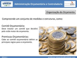 Administração Orçamentária e Controladoria
Organização do Orçamento
Compreende um conjunto de medidas e estruturas, como:
Comitê Orçamentário:
Deve instalar um comitê que decidirá
pela visão maior do orçamento.

Premissas Orçamentárias:
Cabe ao comitê orçamentário definir as
principais regras para o orçamento.

2014-1

professor-alexandre@outlook.com

 