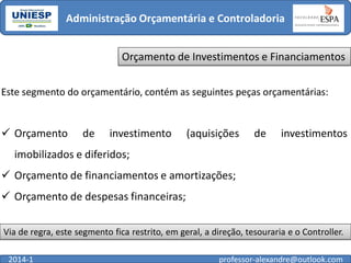 Administração Orçamentária e Controladoria
Orçamento de Investimentos e Financiamentos
Este segmento do orçamentário, contém as seguintes peças orçamentárias:

 Orçamento

de

investimento

(aquisições

de

investimentos

imobilizados e diferidos;

 Orçamento de financiamentos e amortizações;
 Orçamento de despesas financeiras;
Via de regra, este segmento fica restrito, em geral, a direção, tesouraria e o Controller.
2014-1

professor-alexandre@outlook.com

 
