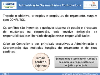 Administração Orçamentária e Controladoria
Traçado o objetivo, princípios e propósitos do orçamento, surgem
com CONFLITOS.
Os conflitos são inerentes a qualquer sistema de gestão e processos
de mudanças na corporação, pois envolve delegação de
responsabilidades e liberdade de ação nessas responsabilidades.
Cabe ao Controller e aos principais executivos a Administração e
Coordenação das múltiplas funções do orçamento e de seus
conflitos.
Sempre tendo como norte: A missão
da empresa, em que estão seus
objetivos principais.
2014-1

professor-alexandre@outlook.com

 