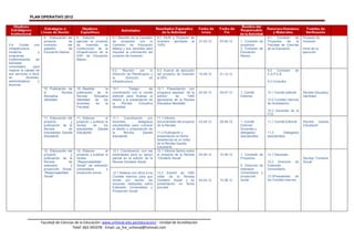 PLAN OPERATIVO 2012
Facultad de Ciencias de la Educación: www.unheval.edu.pe/educacion/ - Unidad de Acreditación
Telef: 062-591078 - Email: ua_fce_unheval@hotmail.com
3.4. Contar con
infraestructura
moderna y
programas
implementados de
bienestar
universitario para
mejorar la calidad de
sus servicios a favor
de docentes,
administrativos y
alumnos.
9. Elaboración del
proyecto de
Inversión del
pabellón de
Educación Básica.
9. Elaborar y
ejecutar el proyecto
de inversión de
construcción de la
infraestructura de la
EAP de Educación
Básica.
9.1 Reunión de la Comisión
de proyectos con la
Comisión de Educación
Básica y sus docentes para
impulsar la culminación del
proyecto de Inversión.
9.1 Perfil y Proyecto de
inversión aprobado al
100%.
27-03-12 03-04-12 1. Comisión de
proyectos.
2. Comisión de
Educación
Básica.
9.1 Comisión de
Proyectos de la
Facultad de Ciencias
de la Educación.
Proyecto de
Inversión
Inicio de su
ejecución
9.2 Reunión con la
Dirección de Planificación y
la Dirección de
Infraestructura.
9.2 Avance de ejecución
del proyecto de inversión
al 50%.
15-08-12 31-12-12
9.2 Comisión de
E.A.P.E.B.
9.3 Consultor
10. Publicación de
la Revista
Educativa
Identidad.
10. Reeditar la
publicación de la
Revista Educativa
Identidad de los
docentes de la
Facultad.
10.1 Trabajo de
coordinación con el comité
editorial para finalizar el
diseño y la presentación de
la Revista Educativa
Identidad.
10.1 Presentación con
programa especial de la
edición de 1000
ejemplares de la Revista
Educativa Identidad.
02-04-12 04-07-12 1. Comité
Editorial.
10.1 Comité editorial
10.2 Comités Internos
de Acreditación.
10.3 Docentes de la
FCE.
Revista Educativa
Identidad
11. Elaboración del
proyecto y
publicación de la
Revista de
Estudiantes Gaceta
Estudiantil
11. Elaborar el
proyecto y publicar la
revista de los
estudiantes Gaceta
Estudiantil.
11.1 Coordinación con
docentes, delegados
estudiantiles para culminar
el diseño y presentación de
la Revista Gaceta
Estudiantil.
11.1 Informe
documentado del proyecto
de la Revista.
11.2 Publicación y
presentación en fecha
establecida de un millar
de la Revista Gaceta
Estudiantil.
03-04-12 28-06-12 1. Comité
Editorial:
Docentes y
delegados
estudiantiles
11.1 Comité Editorial
11.2 Delegados
estudiantiles
Revista Gaceta
Estudiantil
12. Elaboración del
proyecto y
publicación de la
Revista de
extensión y
proyección Social,
“Responsabilidad
Social”
12. Elaborar el
proyecto y publicar la
revista
“Responsabilidad
Social” de extensión
universitaria y
proyección social.
12.1 Coordinación con las
autoridades para su apoyo
parcial en la edición de la
Revista Contacto Social.
12.1 Informe fáctico sobre
el proyecto de la Revista
“Contacto Social”
04-04-12 15-06-12 1. Comisión de
Proyectos.
2. Dirección de
extensión
Universitaria y
proyección
social.
12.1 Decanato
12.2 Dirección de
Extensión
Universitaria.
12.3Presidentes de
los Comités Internos
Revista “Contacto
Social”
12.1 Reiterar con oficio a los
Comités Internos para que
remita por escrito las
acciones realizadas sobre
Extensión Universitaria y
Proyección Social.
12.2 Edición de 1000
millar de la Revista
Contacto Social y su
presentación en fecha
prevista.
04-04-12 15-06-12
 