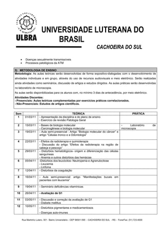 UNIVERSIDADE LUTERANA DO
                                BRASIL
                                                                                CACHOEIRA DO SUL

      •      Doenças sexualmente transmissíveis
      •      Processos patológicos da ATM

5) METODOLOGIA DE ENSINO
Metodologia: As aulas teóricas serão desenvolvidas de forma expositivo-dialogadas com o desenvolvimento de
atividades individuais e em grupo, através do uso de recursos audiovisuais e meio eletrônico. Serão realizadas
ainda atividades como seminários, discussão de artigos e estudos dirigidos. As aulas práticas serão desenvolvidas
no laboratório de microscopia.
As aulas serão disponibilizadas para os alunos com, no mínimo 3 dias de antecedência, por meio eletrônico.
Atividades Discentes:
- Presenciais: Aulas teóricas complementadas por exercícios práticos correlacionados.
- Não-Presenciais: Estudos de artigos científicos.


Sem                                                  TEÓRICA                                                     PRÁTICA
 1           01/03/11     - Apresentação da disciplina e do plano de ensino
                          - Exercício de revisão Patologia Geral
  2          15/03/11     - Bases de biologia molecular                                                -      Laboratório     de
                          - Carcinogênese e biologia molecular                                         microscopia
  3          19/03/11     - Aula semi-presencial : Artigo “Biologia molecular do câncer” e
                          artigo “Células tronco e a Odontologia”

  4          22/03/11     - Efeitos da radioterapia e quimioterapia
                          - Discussão do artigo “Efeitos da radioterapia na região de
                          cabeça e pescoço”
  5          29/03/11     - Distúrbios hematológicos- origem e diferenciação das células
                          sanguíneas
                          - Anemia e outros distúrbios das hemácias
  6          05/04/11     -Distúrbios dos leucócitos- Neutropenia e Agranulocitose
                          - Leucemia
                          - Linfoma
  7          12/04/11     - Distúrbios da coagulação

  8          16/04/11     - Aula semi-presencial: artigo “Manifestações bucais em
                          pacientes com leucemia”

  9          19/04/11     - Seminário deficiências vitamínicas

 10          26/04/11     - Avaliação de G1

 11          03/05/11     - Discussão e correção da avaliação de G1
                          - Diabete melittus
 12          10/05/11
                          - Distúrbios pigmentares e medicamentosos
                          - Doenças auto-imunes

          Rua Martinho Lutero, 301 - Bairro Universitário - CEP 96501-595 - CACHOEIRA DO SUL - RS - Fone/Fax: (51) 723.4000
 