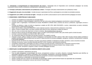 2 – Orientações e acompanhamento do desenvolvimento dos alunos – Participação ativa do Especialista como coordenador pedagógico nas escolas,
incentivando a leitura e escrita, conhecendo e acompanhando o desempenho dos alunos.
3 – Formação continuada e relacionamento com professores e diretor – Formação continuada e relacionamento com professores e diretor.
4 – Engajamento dos pais e da comunidade – Inclusão dos pais no aprendizado dos filhos e participação da comunidade nas atividades escolares.
5 – Engajamento com a SER e com Escolas da região – Interação com as SER e outras escolas em prol do desenvolvimento pedagógico da escola.
1 - CONHECENDO, COMPETÊNCIAS E HABILIDADES
•
•
•
•
•
•

•
•
•
•
•
•
•
•
•
•

Conhecer as competências do Especialista em Educação Básica.
Conhecer em detalhes o material pedagógico institucional CBC bem como outros materiais pedagógicos reconhecidos na área da Educação.
Conhecer sobre a organização e funcionamento da escola, REGIMENTO COMUM direito e deveres dos alunos e professores, organização curricular e
outras.
Conhecer as diretrizes e metas, de todos os programas e projetos da SEE (PDE, MAIS EDUCAÇÃO, e outros.), desenvolvidos na escola, orientando,
acompanhando e implementando todos eles.
Visitar o site do SEDU e utilizar INFORMAÇÕES e outros materiais buscando o desenvolvimento profissional e novas idéias.
Utilizar o Portal do Professor (MEC) que possui conteúdo sobre planos de aula, experiências e projetos de todas as
SEE, bem como os demais sites disponíveis na internet. (endereço: http://portaldoprofessor.mec.gov.br).
Informa-se sobre os serviços de educação especial e apoio à inclusão e outros serviços da SER e SEE, para orientar quanto a dúvida da escola.
Conhecer o acordo de resultado e as metas da SEE, SER e Escola.
Ter conhecimento básico de informática que permitam favorecer o seu trabalho na escola.
Interpretar números, gráficos e tabelas dos boletins Pedagógicos e de Resultados dos IDEB, relativos à SEE, SER e Escolas, fazendo análise quantitativa e
qualitativa identificando ações prioritárias para sua escola no desenvolvimento do processo pedagógico, planejando, orientando, acompanhando e avaliando
a intervenção pedagógica.
Expressar-se bem, ter domínio de conteúdos e de público para garantir qualidade na realização de reuniões, seminários, cursos e encontros na escola.
Participar de encontros, cursos e reuniões oferecidos pela SEE ou SER, buscando o aprimoramento profissional.
Compartilhar conhecimentos e informações com todos os membros da equipe da escola, contribuindo para o crescimento conjunto de todos.
Estudar continuamente, ampliando conhecimentos técnicos e pedagógicos através de leituras de textos, livros, revistas e outros.
Coordenar, orientar, acompanhar, programar e avaliar o processo pedagógico da escola.

2 - ORIENTAÇÃO E ACOMPANHAMENTO DO DESENVOLVIMENTO DOS ALUNOS
•
•
•
•
•
•

Conhecer e acompanhar o desempenho dos alunos.
Focar as ações pedagógicas na aprendizagem dos alunos, principalmente na leitura e na escrita, utilizando a Avaliação Diagnóstica para identificar as
capacidades lingüísticas e matemáticas consolidadas e não consolidadas, possibilitando a intervenção pedagógica adequada.
Incentivar a avaliação formativa que permite aos professores acompanhar o processo de aprendizagem dos alunos.
Orientar os professores na elaboração de instrumentos de avaliação.
Garantir e orientar para que os alunos com dificuldades de aprendizagem recebam suporte adicional focado nas capacidades não consolidadas.
Garantir a freqüência e acompanhar os alunos nas turmas de Tempo Integral.

 