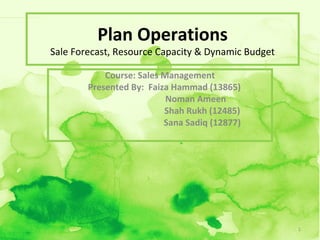 Plan Operations

Sale Forecast, Resource Capacity & Dynamic Budget
Course: Sales Management
Presented By: Faiza Hammad (13865)
Noman Ameen
Shah Rukh (12485)
Sana Sadiq (12877)

1

 