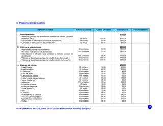 9. PRESUPUESTO DE GASTOS.

                           ESPECIFICACIONES                              CANTIDAD-UNIDAD   COSTO UNITARIO   COSTO TOTAL   FINANCIAMIENTO

 1. Remuneraciones.                                                                                           8000.00
     Asesorías proceso de acreditación (sistema de calidad, proyecto
     educativo, etc.).                                                      50 horas          100.00          5000.00
     Especialista en Informática proceso de acreditación.                   100 horas          50.00          2500.00
     Corrector de estilo proceso de acreditación.                           10 horas           50.00           500.00

 2. Viáticos y asignaciones.                                                                                  9500.00
     Alojamiento proceso de acreditación.                                   30 unidades        50.00          1500.00
     Movilidad local proceso de acreditación.                              100 unidades        10.00          1000.00
     Alimentación y refrigerio para jornadas y talleres proceso de
     acreditación.                                                         800 unidades        05.00          4000.00
     Viáticos de docente para viajes de estudio (fuera de la región).      05 personas        350.00          1750.00
     Viáticos de docente para viajes de estudio (dentro de la región).     05 personas        250.00          1250.00


 3. Material de oficina.                                                                                      2539.00
     Papel DIN A4.                                                           20 millares       30.00           600.00
     Papel bulky A4.                                                         10 millares       20.00           200.00
     Cuadernos.                                                             05 unidades        08.00            40.00
     Libro de actas.                                                        05 unidades        15.00            75.00
     Cartulinas de colores.                                                 100 pliegos        00.50            50.00
     Folder manila A4 con fastener.                                          02 cientos        50.00           100.00
     Sobre manila A4.                                                        02 cientos        25.00            50.00
     Lapiceros.                                                            500 unidades        00.50           250.00
     Plumones gruesos.                                                        05 cajas         12.00            60.00
     Plumones delgados.                                                     04 estuches        08.00            32.00
     Goma sintética.                                                          05 potes         05.00            25.00
     UHU.                                                                   05 unidades        10.00            50.00
     Corrector.                                                             12 unidades        05.00            60.00
     Archivadores de palanca.                                               50 unidades        05.00           250.00
     Tinta para Multicopiadora.                                             02 unidades        55.00           110.00
     Cartuchos para impresora.                                              06 unidades        50.00           300.00
     Vinifan.                                                               06 unidades        08.00            48.00


                                                                                                                                           22
PLAN OPERATIVO INSTITUCIONAL  2010‐ Escuela Profesional de Historia y Geografía 
 