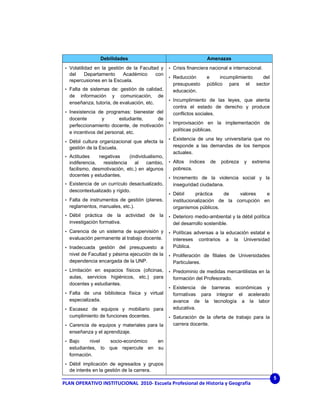Debilidades                                         Amenazas
 • Volatilidad en la gestión de la Facultad y     • Crisis financiera nacional e internacional.
  del   Departamento     Académico          con
                                                  • Reducción       e     incumplimiento del
  repercusiones en la Escuela.
                                                    presupuesto     público para el sector
 • Falta de sistemas de: gestión de calidad,        educación.
  de información y comunicación, de
                                                  • Incumplimiento de las leyes, que atenta
  enseñanza, tutoría, de evaluación, etc.
                                                    contra el estado de derecho y produce
 • Inexistencia de programas: bienestar del         conflictos sociales.
  docente        y       estudiante,    de
                                                  • Improvisación en la implementación de
  perfeccionamiento docente, de motivación
                                                    políticas públicas.
  e incentivos del personal, etc.
                                                  • Existencia de una ley universitaria que no
 • Débil cultura organizacional que afecta la
  gestión de la Escuela.                            responde a las demandas de los tiempos
                                                    actuales.
 • Actitudes    negativas     (individualismo,
  indiferencia,   resistencia    al   cambio,     • Altos índices      de     pobreza   y   extrema
  facilismo, desmotivación, etc.) en algunos        pobreza.
  docentes y estudiantes.
                                                  • Incremento de la violencia social y la
 • Existencia de un currículo desactualizado,       inseguridad ciudadana.
  descontextualizado y rígido.
                                                  • Débil      práctica    de   valores    e
 • Falta de instrumentos de gestión (planes,        institucionalización de la corrupción en
  reglamentos, manuales, etc.).                     organismos públicos.
 • Débil  práctica de la actividad de la          • Deterioro medio-ambiental y la débil política
  investigación formativa.                          del desarrollo sostenible.
 • Carencia de un sistema de supervisión y        • Políticas adversas a la educación estatal e
  evaluación permanente al trabajo docente.         intereses    contrarios    a   la   Universidad
 • Inadecuada gestión del presupuesto a             Pública.
  nivel de Facultad y pésima ejecución de la      • Proliferación de filiales de Universidades
  dependencia encargada de la UNP.                  Particulares.
 • Limitación en espacios físicos (oficinas,      • Predominio de medidas mercantilistas en la
  aulas, servicios higiénicos, etc.) para           formación del Profesorado.
  docentes y estudiantes.
                                                  • Existencia de barreras económicas y
 • Falta de una biblioteca física y virtual         formativas para integrar el acelerado
  especializada.                                    avance de la tecnología a la labor
 • Escasez de equipos y mobiliario para             educativa.
  cumplimiento de funciones docentes.             • Saturación de la oferta de trabajo para la
 • Carencia de equipos y materiales para la         carrera docente.
  enseñanza y el aprendizaje.
 • Bajo    nivel  socio-económico  en
  estudiantes, lo que repercute en su
  formación.
 • Débil implicación de egresados y grupos
  de interés en la gestión de la carrera.
                                                                                                      5
PLAN OPERATIVO INSTITUCIONAL  2010‐ Escuela Profesional de Historia y Geografía 
 