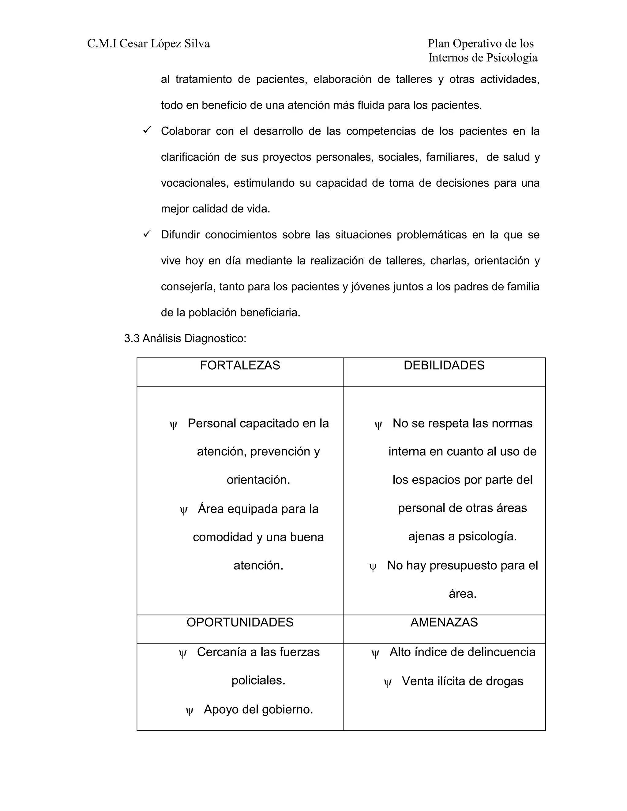 C.M.I Cesar López Silva Plan Operativo de los
Internos de Psicología
al tratamiento de pacientes, elaboración de talleres y otras actividades,
todo en beneficio de una atención más fluida para los pacientes.
 Colaborar con el desarrollo de las competencias de los pacientes en la
clarificación de sus proyectos personales, sociales, familiares, de salud y
vocacionales, estimulando su capacidad de toma de decisiones para una
mejor calidad de vida.
 Difundir conocimientos sobre las situaciones problemáticas en la que se
vive hoy en día mediante la realización de talleres, charlas, orientación y
consejería, tanto para los pacientes y jóvenes juntos a los padres de familia
de la población beneficiaria.
3.3 Análisis Diagnostico:
FORTALEZAS DEBILIDADES
 Personal capacitado en la
atención, prevención y
orientación.
 Área equipada para la
comodidad y una buena
atención.
 No se respeta las normas
interna en cuanto al uso de
los espacios por parte del
personal de otras áreas
ajenas a psicología.
 No hay presupuesto para el
área.
OPORTUNIDADES AMENAZAS
 Cercanía a las fuerzas
policiales.
 Apoyo del gobierno.
 Alto índice de delincuencia
 Venta ilícita de drogas
 