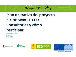 Plan operativo del proyecto
ELCHE SMART CITY
Consultorías y cómo
participar.
ELCHE SMART DAY
Versión 1
Abril, 2014
 
