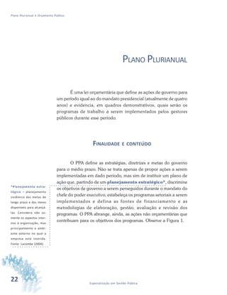 22 Especialização em Gestão Pública
Plano Plurianual e Orçamento Público
PLANO PLURIANUAL
É uma lei orçamentária que define as ações de governo para
um período igual ao do mandato presidencial (atualmente de quatro
anos) e evidencia, em quadros demonstrativos, quais serão os
programas de trabalho a serem implementados pelos gestores
públicos durante esse período.
FINALIDADE E CONTEÚDO
O PPA define as estratégias, diretrizes e metas do governo
para o médio prazo. Não se trata apenas de propor ações a serem
implementadas em dado período, mas sim de instituir um plano de
ação que, partindo de um planejamento estratégico*, discrimine
os objetivos de governo a serem perseguidos durante o mandato do
chefe do poder executivo, estabeleça os programas setoriais a serem
implementados e defina as fontes de financiamento e as
metodologias de elaboração, gestão, avaliação e revisão dos
programas. O PPA abrange, ainda, as ações não orçamentárias que
contribuam para os objetivos dos programas. Observe a Figura 1.
*Planejamento estra-
tégico – planejamento
sistêmico das metas de
longo prazo e dos meios
disponíveis para alcançá-
las. Considera não so-
mente os aspectos inter-
nos à organização, mas
principalmente o ambi-
ente externo no qual a
empresa está inserida.
Fonte: Lacombe (2004).
 