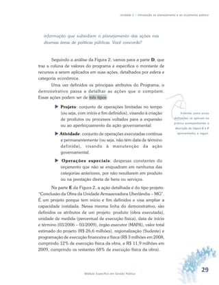 29Módulo Específico em Gestão Pública
Unidade 1 – Introdução ao planejamento e ao orçamento público
informação que subsidiem o planejamento das ações nas
diversas áreas de políticas públicas. Você concorda?
Seguindo a análise da Figura 2, vamos para a parte D, que
traz a coluna de valores do programa e especifica o montante de
recursos a serem aplicados em suas ações, detalhados por esfera e
categoria econômica.
Uma vez definidos os principais atributos do Programa, o
demonstrativo passa a detalhar as ações que o compõem.
Essas ações podem ser de três tipos:
 Projeto: conjunto de operações limitadas no tempo
(ou seja, com início e fim definidos), visando à criação
de produtos ou processos voltados para a expansão
ou ao aperfeiçoamento da ação governamental.
 Atividade: conjunto de operações executadas contínua
e permanentemente (ou seja, não têm data de término
definida), visando à manutenção da ação
governamental.
 Operações especiais: despesas constantes do
orçamento que não se enquadram em nenhuma das
categorias anteriores, por não resultarem em produto
ou na prestação direta de bens ou serviços.
Na parte E da Figura 2, a ação detalhada é do tipo projeto:
“Conclusão da Obra da Unidade Armazenadora Uberlândia – MG”.
É um projeto porque tem início e fim definidos e visa ampliar a
capacidade instalada. Nessa mesma linha do demonstrativo, são
definidos os atributos de um projeto: produto (obra executada),
unidade de medida (percentual de execução física), data de início
e término (03/2006 – 03/2009), órgão executor (MAPA), valor total
estimado do projeto (R$ 26,6 milhões), regionalização (Sudeste) e
programação de execução financeira e física (R$ 3 milhões em 2008,
cumprindo 12% de execução física da obra, e R$ 11,9 milhões em
2009, cumprindo os restantes 68% de execução física da obra).
vEntenda como essas
definições se aplicam na
prática acompanhando a
descrição do tópico E e F
apresentados a seguir.
 