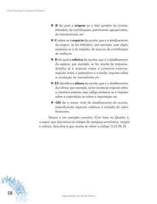58 Especialização em Gestão Pública
Plano Plurianual e Orçamento Público
 B diz qual a origem ou o fato gerador da receita:
tributária, de contribuições, patrimonial, agropecuária,
de transferências etc.
 C refere-se à espécie da receita, que é o detalhamento
da origem: se for tributária, por exemplo, esse dígito
esclarece se é de imposto, de taxa ou de contribuição
de melhoria.
 D diz qual a rubrica da receita, que é o detalhamento
da espécie: por exemplo, se for receita de impostos,
detalha se é imposto sobre o comércio exterior,
imposto sobre o patrimônio e a renda, imposto sobre
a circulação de mercadorias etc.
 EF identifica a alínea da receita, que é o detalhamento
da rubrica: por exemplo, se for receita de imposto sobre
o comércio exterior, esse código esclarece se é imposto
sobre a exportação ou sobre a importação etc.
 GH dá o maior nível de detalhamento da receita,
especificando aspectos relativos à entrada do valor
financeiro.
Vamos a um exemplo concreto. Com base no Quadro 1,
a seguir, que discrimina os códigos da categoria econômica, origem
e rubrica, descubra a que receita se refere o código 1112.04.10.
 