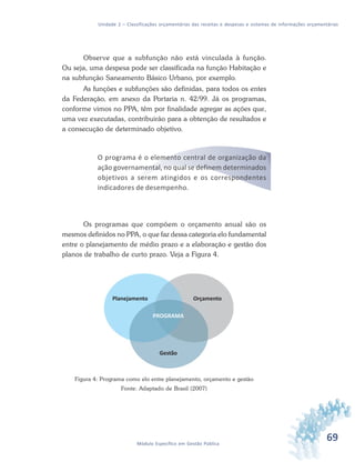 69Módulo Específico em Gestão Pública
Unidade 2 – Classificações orçamentárias das receitas e despesas e sistemas de informações orçamentárias
Observe que a subfunção não está vinculada à função.
Ou seja, uma despesa pode ser classificada na função Habitação e
na subfunção Saneamento Básico Urbano, por exemplo.
As funções e subfunções são definidas, para todos os entes
da Federação, em anexo da Portaria n. 42/99. Já os programas,
conforme vimos no PPA, têm por finalidade agregar as ações que,
uma vez executadas, contribuirão para a obtenção de resultados e
a consecução de determinado objetivo.
O programa é o elemento central de organização da
ação governamental, no qual se definem determinados
objetivos a serem atingidos e os correspondentes
indicadores de desempenho.
Os programas que compõem o orçamento anual são os
mesmos definidos no PPA, o que faz dessa categoria elo fundamental
entre o planejamento de médio prazo e a elaboração e gestão dos
planos de trabalho de curto prazo. Veja a Figura 4.
Figura 4: Programa como elo entre planejamento, orçamento e gestão
Fonte: Adaptado de Brasil (2007)
 