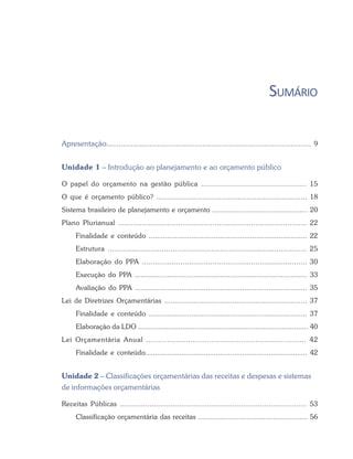 SUMÁRIO
Apresentação.................................................................................................... 9
Unidade 1 – Introdução ao planejamento e ao orçamento público
O papel do orçamento na gestão pública ................................................ 15
O que é orçamento público? ........................................................................ 18
Sistema brasileiro de planejamento e orçamento ............................................... 20
Plano Plurianual ........................................................................................ 22
Finalidade e conteúdo .............................................................................. 22
Estrutura ............................................................................................ 25
Elaboração do PPA ............................................................................. 30
Execução do PPA ..................................................................................... 33
Avaliação do PPA ..................................................................................... 35
Lei de Diretrizes Orçamentárias ..................................................................... 37
Finalidade e conteúdo .............................................................................. 37
Elaboração da LDO .................................................................................... 40
Lei Orçamentária Anual ..................................................................... 42
Finalidade e conteúdo................................................................................ 42
Unidade 2 – Classificações orçamentárias das receitas e despesas e sistemas
de informações orçamentárias
Receitas Públicas ........................................................................................ 53
Classificação orçamentária das receitas ...................................................... 56
 