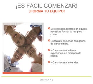 ¡ES FÁCIL COMENZAR!
¡FORMA TU EQUIPO!
Este negocio se hace en equipo,
necesitas formar tu red para
crecer.
Busca a 6 personas con ganas
de ganar dinero.
NO es necesario tener
experiencia en mercado de
redes.
NO es necesario vender.
 