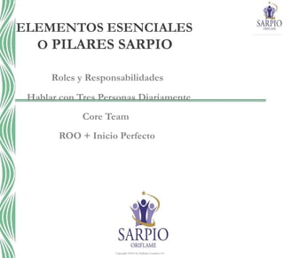 Copyright ©2014 by Oriflame Cosmetics SA
ELEMENTOS ESENCIALES
O PILARES SARPIO
Roles y Responsabilidades
Hablar con Tres Personas Diariamente
Core Team
ROO + Inicio Perfecto
 