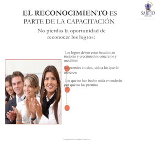 Copyright ©2014 by Oriflame Cosmetics SA
EL RECONOCIMIENTO ES
PARTE DE LA CAPACITACIÓN
No pierdas la oportunidad de
reconocer los logros:
> Los logros deben estar basados en
mejoras y crecimientos concretos y
medibles
> No premies a todos, sólo a los que lo
merecen
> Los que no han hecho nada entenderán
por qué no los premias
 