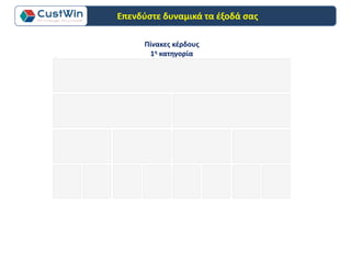 Πίνακες κέρδους
1η κατηγορία
Επενδύστε δυναμικά τα έξοδά σας
 