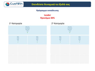 1η Κατηγορία 2η Κατηγορία
Πρόγραμμα εκπαίδευσης
Leader
Προνόμιο 30%
Επενδύστε δυναμικά τα έξοδά σας
 