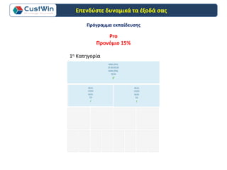 1η Κατηγορία
Πρόγραμμα εκπαίδευσης
Pro
Προνόμιο 15%
Επενδύστε δυναμικά τα έξοδά σας
 