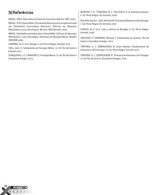 Referências
Referências
BRASIL. BNCC: Base Nacional Comum Curricular. Brasília: MEC, 2020.
BRASIL.PCN+EnsinoMédio:OrientaçõesEducacionaiscomplementares
aos Parâmetros Curriculares Nacionais: Ciências da Natureza,
Matemática e suas Tecnologias. Brasília: MEC/Semtec, 2002.
BRASIL. Orientações curriculares para o Ensino Médio: Ciências da Natureza,
Matemática e suas Tecnologias. Secretaria de Educação Básica. Brasília:
MEC/SEB,2006.
CAMPBEL, N. A. et al. Biologia.8. ed. Porto Alegre: Artmed, 2015
HALL, John. E. Fundamentos de Fisiologia Médica. 13. ed. Rio de Janeiro:
Elsevier, 2011.
JUNQUEIRA, L. C.; CARNEIRO, J. HistologiaBásica. 13. ed. Rio de Janeiro:
Guanabara Koogan, 2013.
MARTINI, F. H.; TIMMONS, M. J.; TALLITSCH, R. B. Anatomia humana.
6. ed. Porto Alegre: Ed. Artmed, 2009.
NELSON,DavidL.;COX,MichaelM.PrincípiosdeBioquímicadeLehninger.
7. ed. Porto Alegre: Ed. Artmed, 2018.
PURVES, W. K. et al. Vida: a ciência da Biologia. 8. ed. Porto Alegre:
Artmed, 2009.
SNUSTAD, P.; SIMMONS, Michael J. Fundamentos de Genética. Rio de
Janeiro: Guanabara Koogan, 2013.
TORTORA, G. J.; DERRICKSON, B. Corpo Humano: fundamentos de
Anatomia e de Fisiologia. 10. ed. Porto Alegre: Artmed, 2017.
TORTORA, G. J.; DERRICKSON, B. Princípios de Anatomia e de Fisiologia.
14. ed. Rio de Janeiro: Guanabara Koogan, 2016.
10
Biologia
MAXI_EM22_1S_BIO_C2_MP_P5.indd 10
MAXI_EM22_1S_BIO_C2_MP_P5.indd 10 27/07/21 09:52
27/07/21 09:52
 